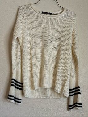 Open Edit Cream Knit Crewneck Sweater with Black Stripe Cuffs